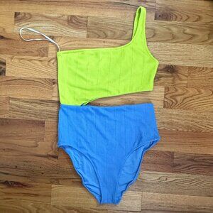 Aerie one shoulder one piece swimsuit, neon yellow/green and blue, size L long